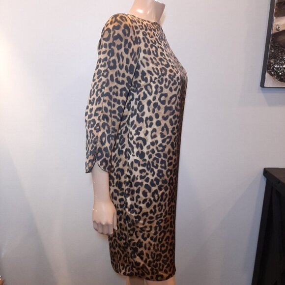 Jones New York Leopard Shift Dress Silky 3/4 Sleeve Zip Shoulder Womens Size 6 - Picture 10 of 12